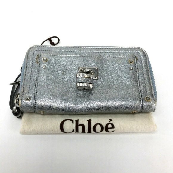 AUTHENTIC CHLOE Paddington Zip Around Long Wallet Silver Leather - Picture 2 of 10